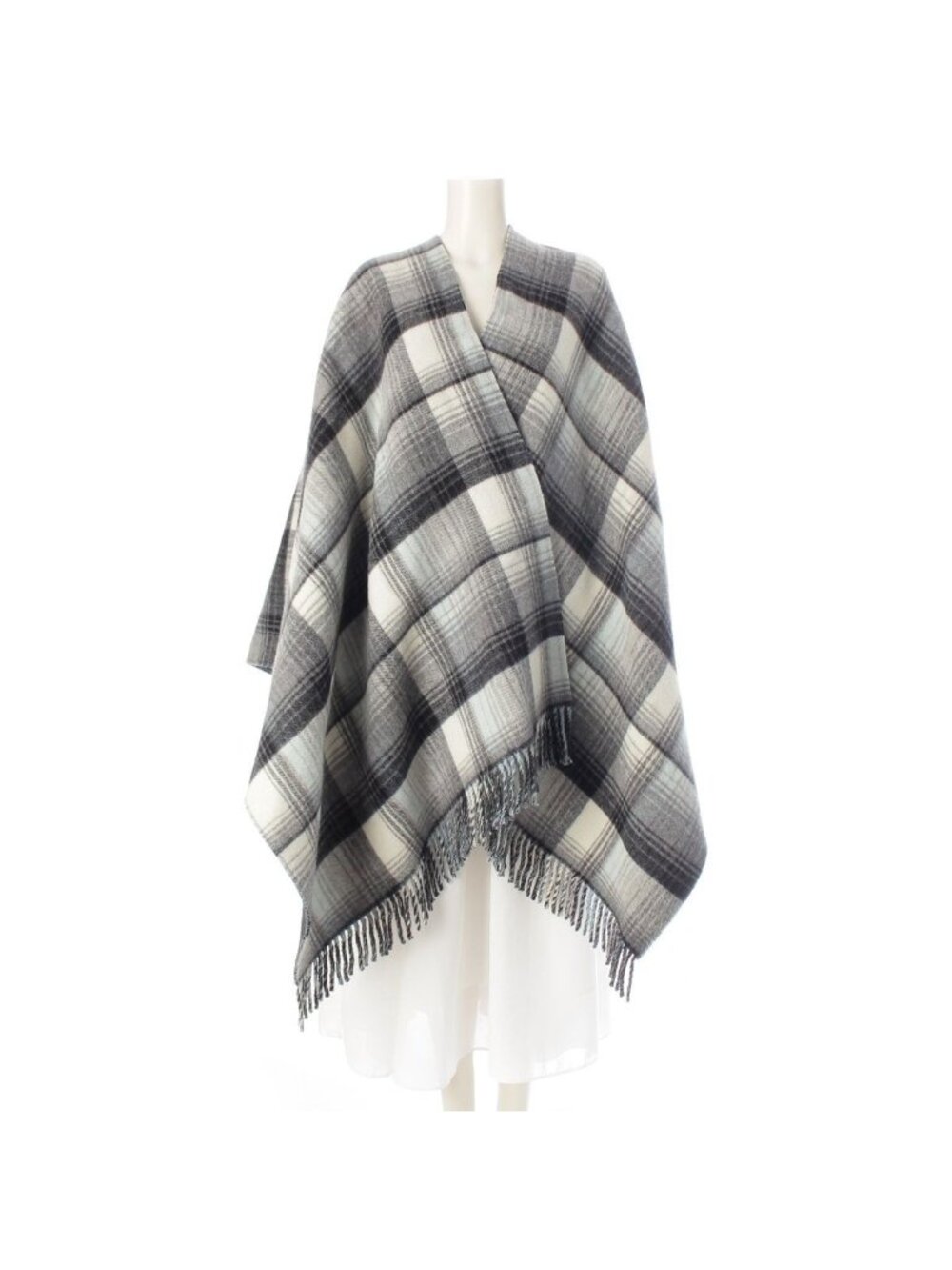 Gucci Wool GG Jumbo Check Reversible Poncho Cape Gray Light Blue